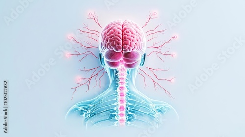 Anatomical illustration of the human brain and spinal cord, showcasing neural connections and nervous system structure.