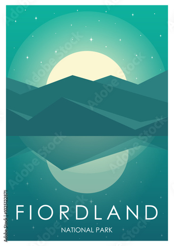 Nature of New Zealand poster. Fiordland national park aesthetic vector illustration