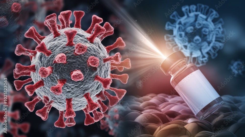 A photo of a viral pathogen magnified under a microscope, demonstrating its complex molecular structure. Next to it is a bottle of medicine and a ray of light, a symbol of hope and healing. A photo of a viral pathogen magnified under a microscope, demonstrating its complex molecular structure. Next to it is a bottle of medicine and a ray of light, a symbol of hope and healing.