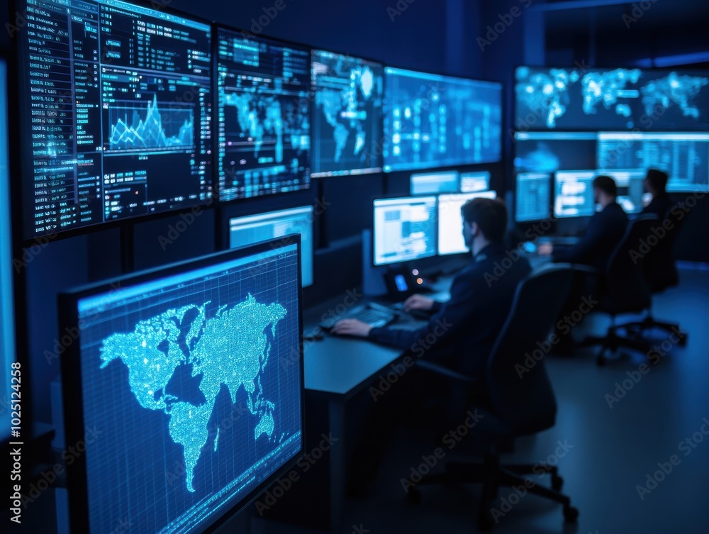 Modern office scene with analysts working on multiple screens displaying data and maps in a dark environment with blue light. Modern office scene with analysts working on multiple screens displaying data and maps in a dark environment with blue light.