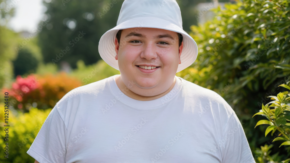 Plus size teenage boy wearing white t-shirt and white bucket hat standing in the garden Plus size teenage boy wearing white t-shirt and white bucket hat standing in the garden