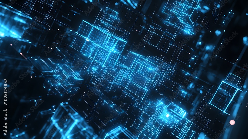 Abstract blue digital hologram showing data blocks and glowing elements on black. Abstract blue digital hologram showing data blocks and glowing elements on black.