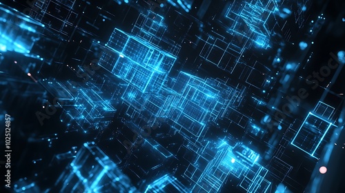 Abstract blue digital hologram showing data blocks and glowing elements on black.