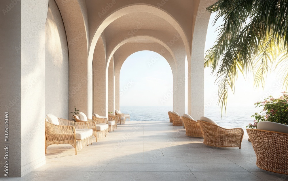 Fototapeta premium Side perspective of the terrace, emphasizing the architectural details of the arch and how it enhances the overall space. 