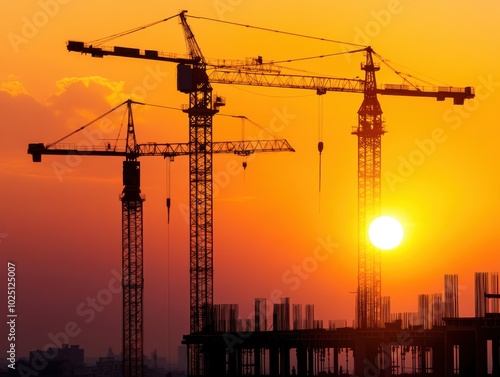 Silhouetted cranes against a vibrant sunset, symbolizing construction and progress in urban development.