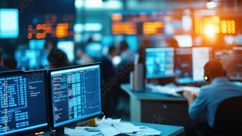 Wallpaper Mural Dynamic trading floor with monitors displaying stock data, highlighting market analysis and financial activity. Torontodigital.ca