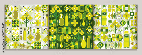 Set of seamless patterns with icons of rape, rapeseed oil, abstract geometric shapes on mosaic background. For branding, decoration of food packaging, decorative prints for kitchen