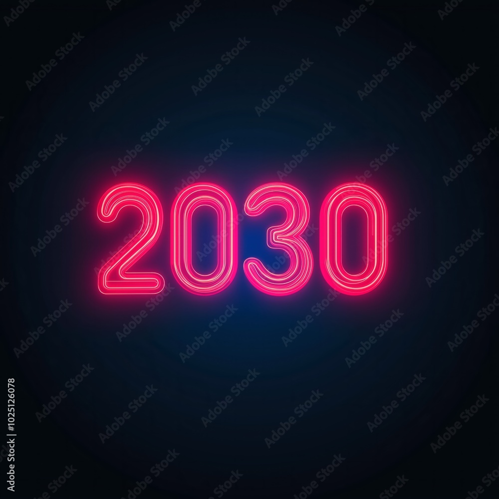 Neon 2030: Glowing red neon sign against a dark blue backdrop, the number 2030 shines with an ethereal glow, symbolizing the future and the promise of what's to come. Neon 2030: Glowing red neon sign against a dark blue backdrop, the number 2030 shines with an ethereal glow, symbolizing the future and the promise of what's to come.