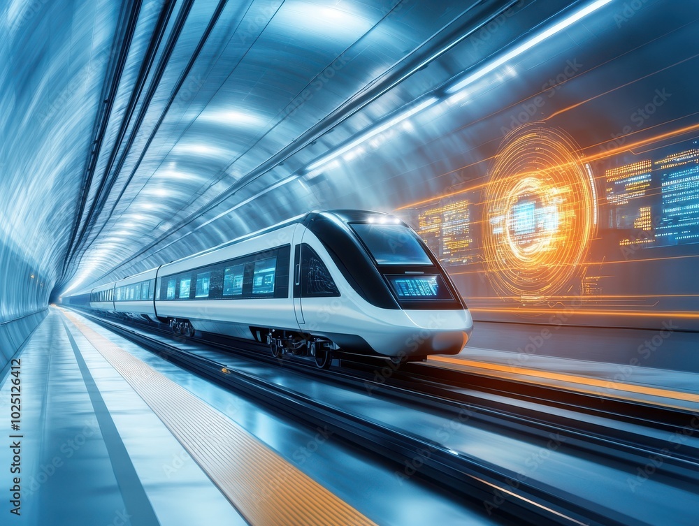 Futuristic train speeding through a modern tunnel with digital overlays, representing advanced technology and rapid transit. Futuristic train speeding through a modern tunnel with digital overlays, representing advanced technology and rapid transit.