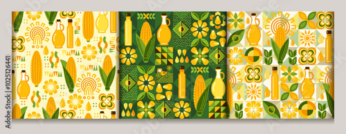 Seamless geometric patterns with icons of corn cob, maize grains, kernels, corn oil. For branding, decoration of food package, decorative print for kitchen.