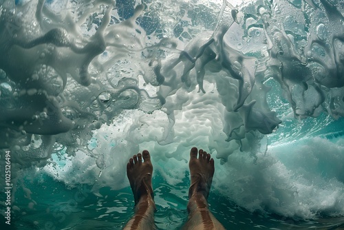 Captivating Underwater View of Feet Surrounded by Ocean Waves