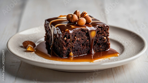 Classic soft delicious brownie with nuts and caramel on a plate photo