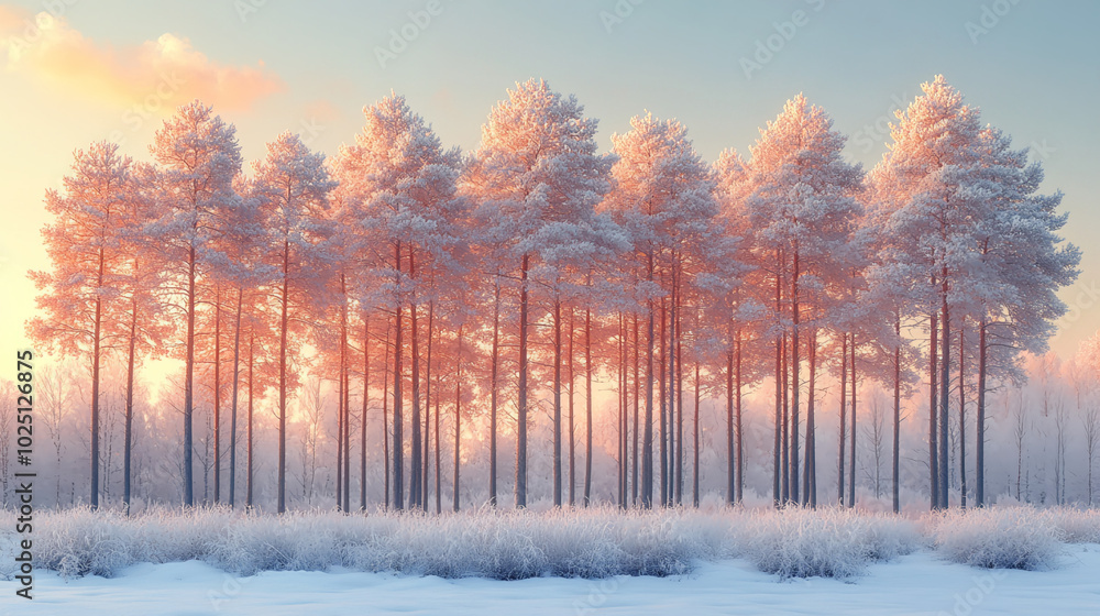 Pine trees covered with snow on frosty evening in snow glows warmly in the last light of twilight Pine trees covered with snow on frosty evening in snow glows warmly in the last light of twilight