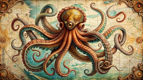 Detailed Vintage Octopus Illustration Featuring Intricate Lines and Classic Nautical Themes for Decor photo