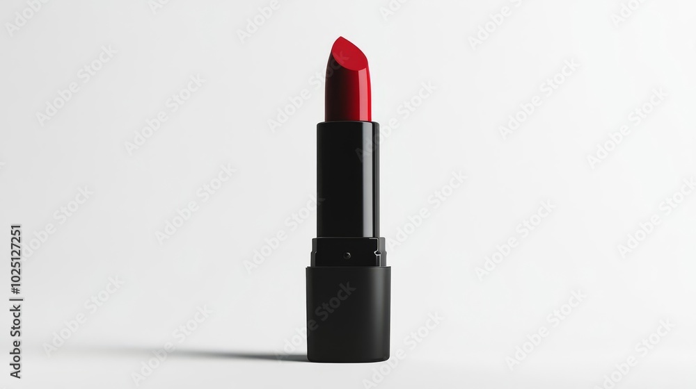 Minimalist image of a red lipstick against a white background, highlighting beauty and makeup essentials. Minimalist image of a red lipstick against a white background, highlighting beauty and makeup essentials.