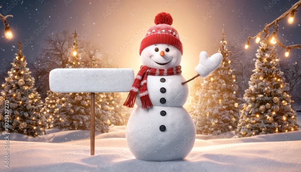 Fototapeta premium A smiling cute snowman with a knitted scarf and hat, holding a blank chalkboard or blackboard banner with space for adding text or a message.