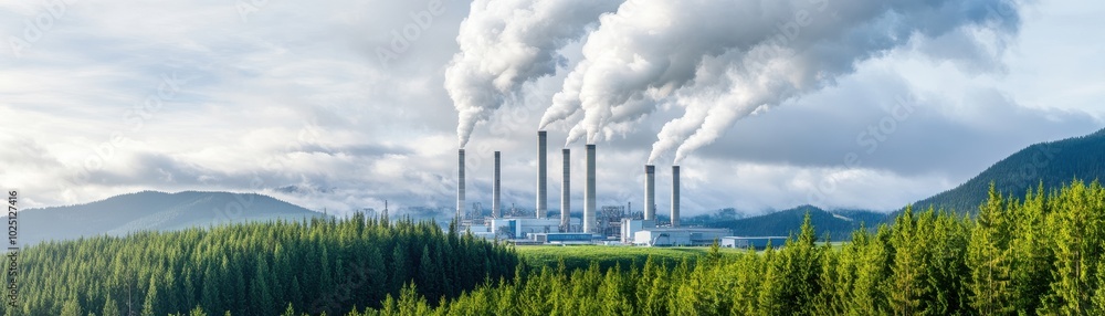 Industrial landscape featuring smoke stacks emitting emissions above a lush forest and mountains under a cloudy sky.