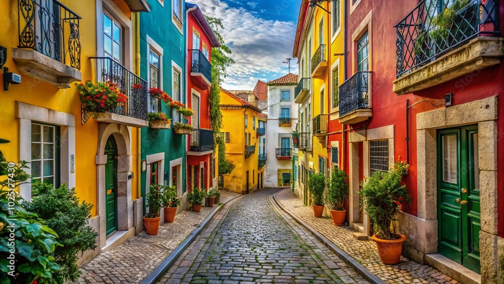 Fototapeta premium Discover a Charming Alley in Lisbon: A Hidden Gem of Colorful Architecture and Cobblestone Streets in Portugal