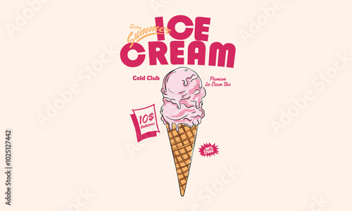 Fresh ice cream graphic print design for t shirt, apparel, posters, background and others. Retro ice cream hand drawn vector art, Enjoy summer with sweet ice cream. Summer graphic t shirt design.