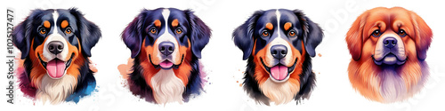 Four dog head illustrations, vibrant colors.