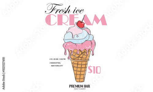 Cherry ice cream design. Fresh ice cream graphic print design for t shirt, apparel, posters, background and others. Retro ice cream hand drawn vector art, Enjoy summer with sweet ice cream. 