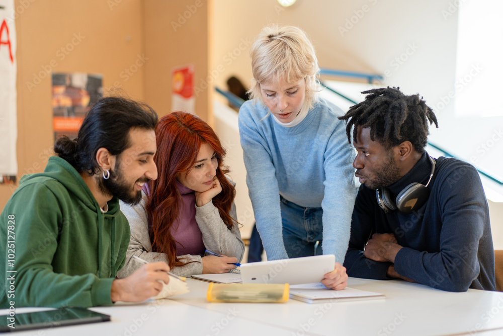 Diverse students collaborating on project, multicultural group studying with laptop in university library Diverse students collaborating on project, multicultural group studying with laptop in university library