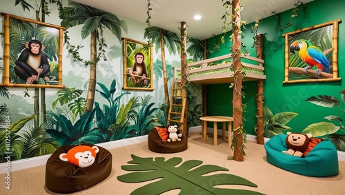 Jungle theme kids playroom interior design with poster frame