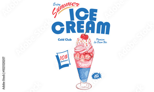 Cherry and strawberry ice cream design. Enjoy summer with sweet ice cream. Fresh ice cream graphic print design for t shirt, posters, background and others. Retro ice cream hand drawn vector art.