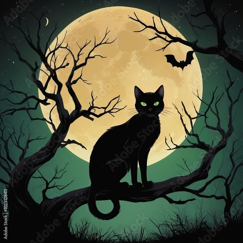 Halloween background with cat and tree 