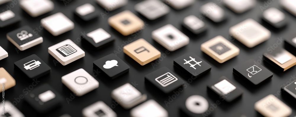 Close-up view of a variety of keyboard keys featuring modern symbols on a sleek black background, ideal for tech-focused content. Close-up view of a variety of keyboard keys featuring modern symbols on a sleek black background, ideal for tech-focused content.