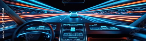 Futuristic car interior with illuminated dashboard and dynamic light trails depicting high-speed travel on a modern road.