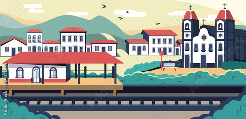 Parallax of an interior town inspired by Brazilian cities. This parallax contains colonial houses, a baroque church in a square, a train station and gentle hills.