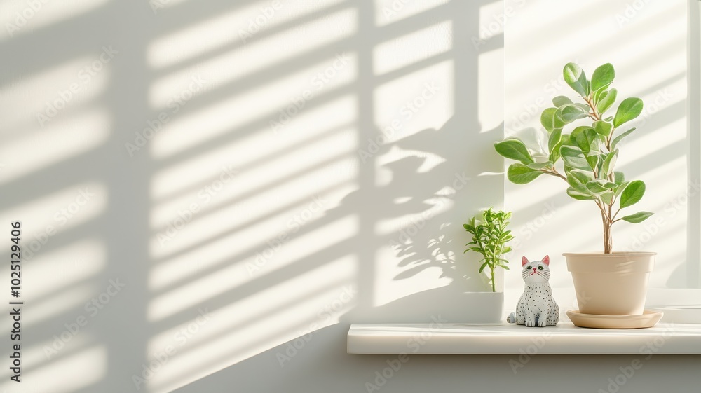 Bright indoor scene featuring a potted plant and a decorative figure, casting soft shadows on a minimalist wall. Bright indoor scene featuring a potted plant and a decorative figure, casting soft shadows on a minimalist wall.