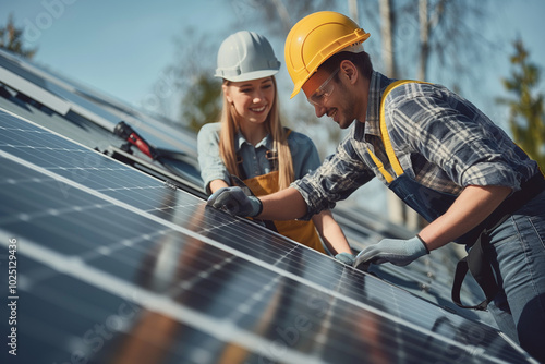 Couple working together to install solar panels on their roof photo