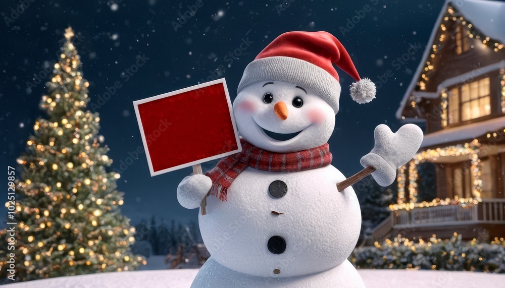 Obraz premium A smiling cute snowman with a knitted scarf and hat, holding a blank chalkboard or blackboard banner with space for adding text or a message.