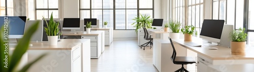 Wallpaper Mural Modern office interior with desks, computers, and indoor plants promoting a productive and inviting workspace. Torontodigital.ca