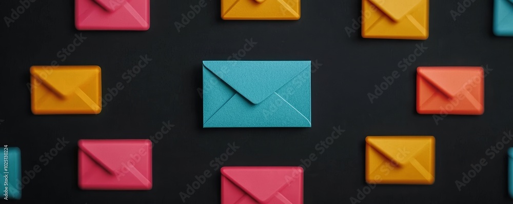 Communication Symbols with Envelope and Message Icons on Black Background Communication Symbols with Envelope and Message Icons on Black Background