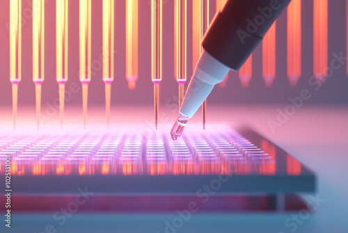 Automated pipette systems in action, transferring liquids into high-tech drug screening plates with glowing liquid reagents reacting under specific wavelengths of light photo