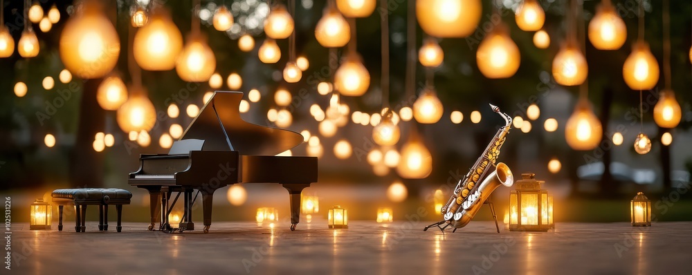 Elegant piano and saxophone under glowing lights create a serene musical ambiance for relaxation and inspiration. Elegant piano and saxophone under glowing lights create a serene musical ambiance for relaxation and inspiration.