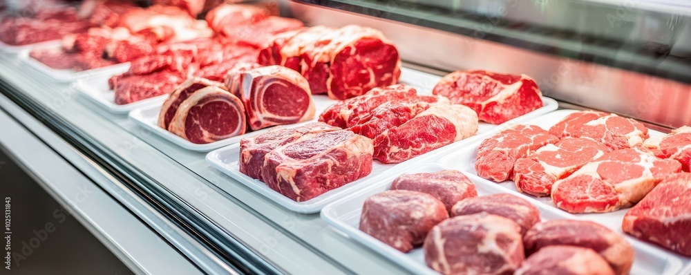 Fresh cuts of meat displayed in a butcher shop, showcasing various types and textures ready for purchase. Fresh cuts of meat displayed in a butcher shop, showcasing various types and textures ready for purchase.