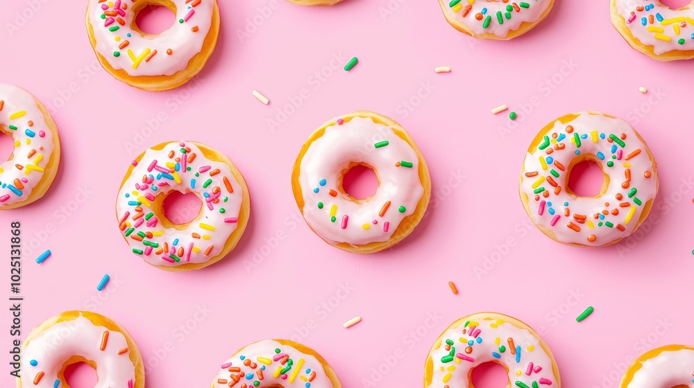 A playful pattern of donuts with rainbow sprinkles on a bold pink background, perfect for a cheerful dessert-themed design A playful pattern of donuts with rainbow sprinkles on a bold pink background, perfect for a cheerful dessert-themed design