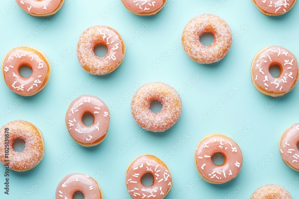A seamless pattern of jelly-filled donuts with sugar dusting, scattered across a pastel blue background for a fresh and fun dessert design A seamless pattern of jelly-filled donuts with sugar dusting, scattered across a pastel blue background for a fresh and fun dessert design