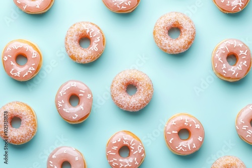 A seamless pattern of jelly-filled donuts with sugar dusting, scattered across a pastel blue background for a fresh and fun dessert design