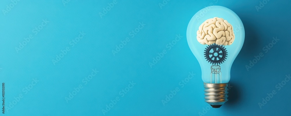 Creative light bulb concept with a brain, representing ideas, innovation, and inspiration on a blue background. Creative light bulb concept with a brain, representing ideas, innovation, and inspiration on a blue background.