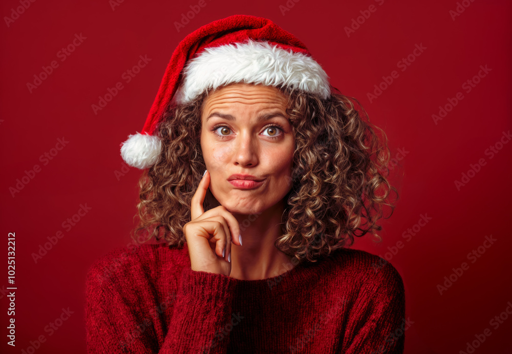 Young woman with curly hair wearing a santa hat making a thoughtful expression on a red background Young woman with curly hair wearing a santa hat making a thoughtful expression on a red background