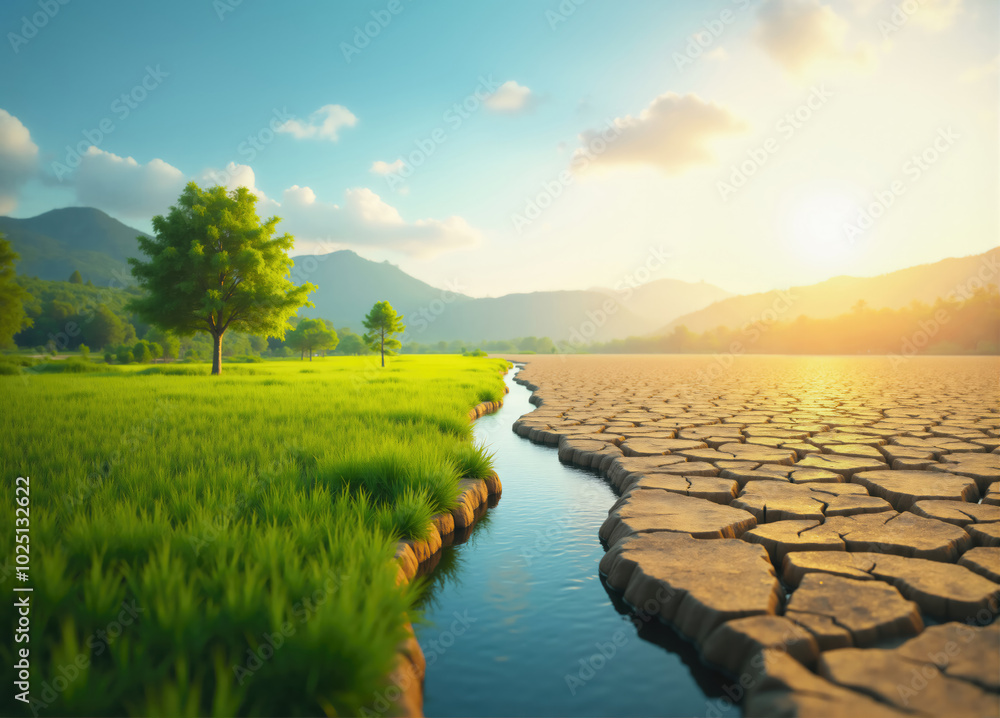 Concept of climate change with a lush green meadow separated from an arid land