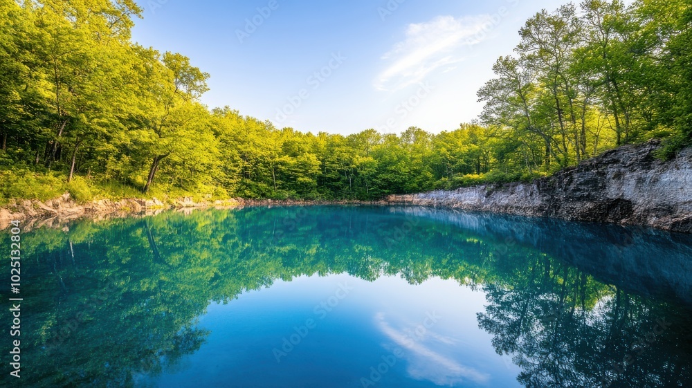Serene lake surrounded by lush greenery, reflecting a clear blue sky and inviting tranquility for nature lovers. Serene lake surrounded by lush greenery, reflecting a clear blue sky and inviting tranquility for nature lovers.