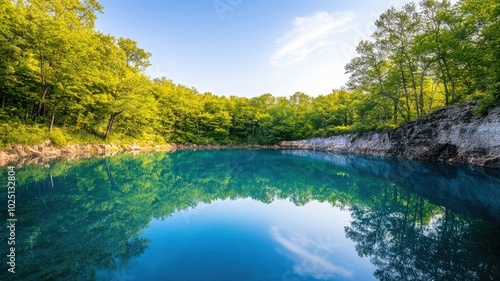 Serene lake surrounded by lush greenery, reflecting a clear blue sky and inviting tranquility for nature lovers.