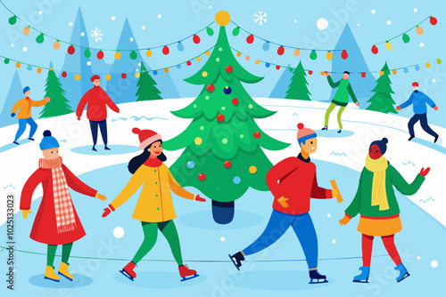 Personas patinan sobre hielo alrededor de un árbol de Navidad decorado, con luces festivas colgando.
