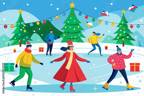 Varias personas disfrutan de una pista de patinaje, rodeados de árboles navideños y luces brillantes.
